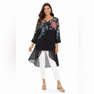 Chico's Size 3 Black High-Low Semi Sheer Bohemian Top Chiffon Multicolor Floral